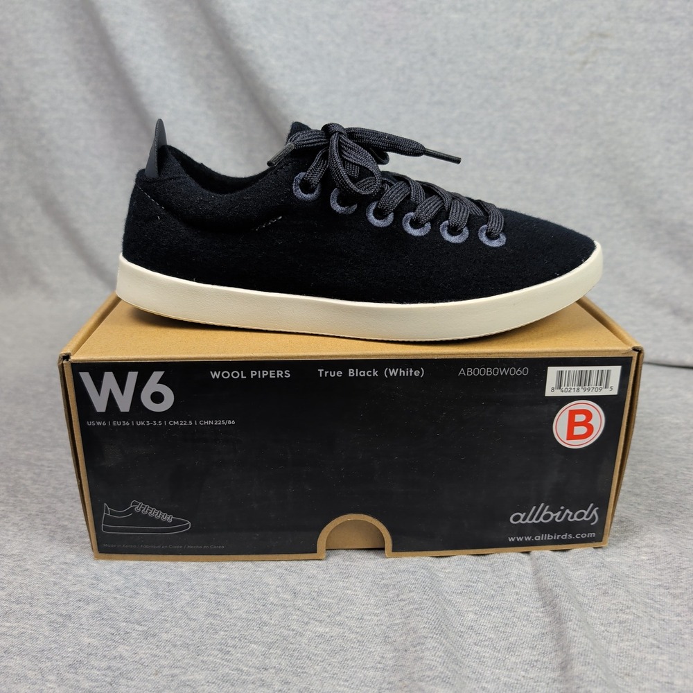 Allbirds Wool Pipers True Black White Merino Wool Sneakers AB00BOW060 W6 M4.5